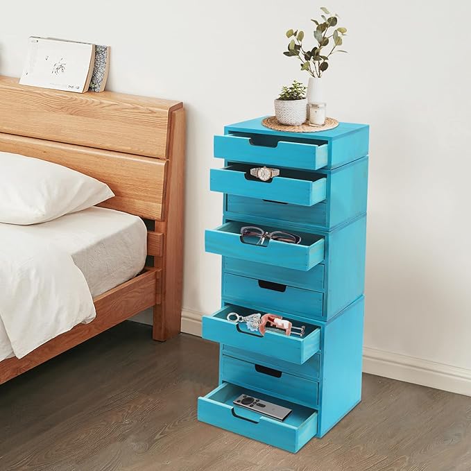 4-piece Drawer Cabinet, Organizer Sorter Container Keeper Unit Storage Box Stackable Chest Divider Shelf System with 10 Drawers & 4 Stackable Units for Home Office Study Room Dorm Bedroom(Blue)