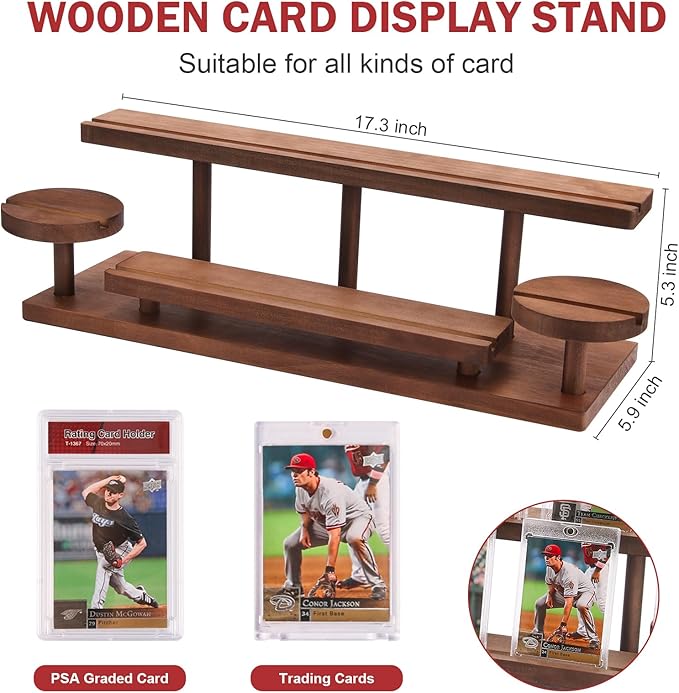 Wooden Trading Card Display Stand, 3-Tier Card Holder for Graded, Sports and TCG Cards, Tabletop Display Holder, Rustic Solid Wood Shelf Stand for Basketball Football Hockey (Brown)