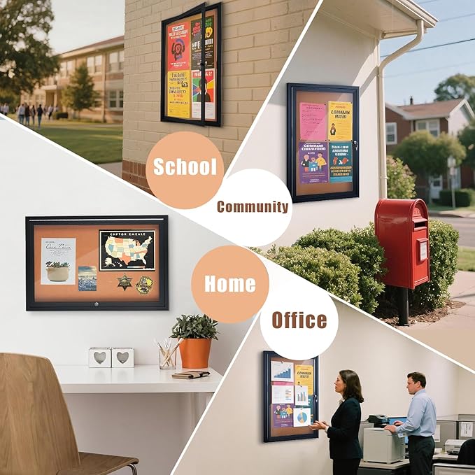 Enclosed Cork Bulletin Board 36"x24" Outdoor Weatherproof Cork Noticeboard with Locking Door Wall-Mounted Black Aluminium Frame for Home, School, Office, Community, Hospital