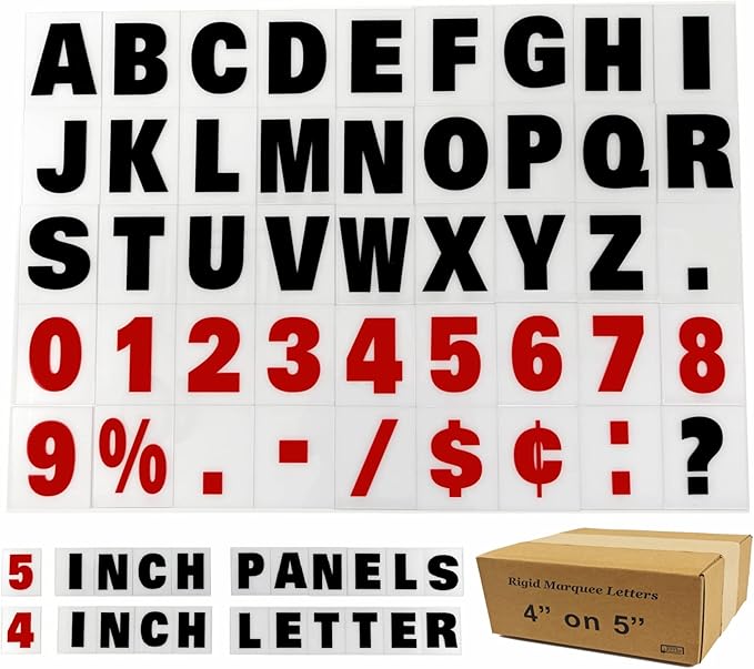 4'' on 5 inch Marquee Sign Letters, the 4'' Outdoor Marquee Letter is printed on 5'' high 060 mill thick clear rigid acrylic panel, for Outdoor Reader Board Signs , 330+ per set, Sign Letter Depot - Made in USA