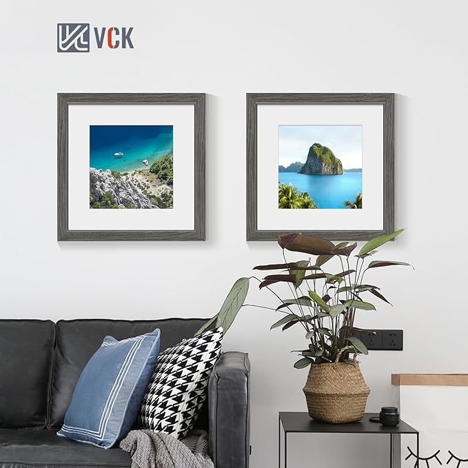 VCK 12x12 Picture Frame 5 Pack - Grey, High-End Wood Poster Frames with Tempered Glass, Display 8x8 Photo with Mat or 12x12 without Mat, Art Gallery-Quality, Wall Hanging, Grey