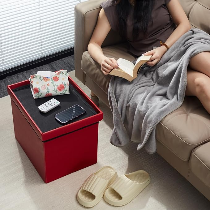 AmasSmile Storage Ottoman Folding Foot Rest Stool, Leather Footstool Bench, Short Ottoman Stool, Storage Foot Rest Store, Books (Red, 17" D x 13" W x 13" H)