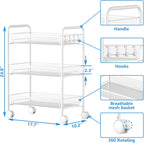 OVICAR Mesh Wire 3 Tier Rolling Cart, Kitchen Storage Utility Cart, Multifunction Basket Stand for Bathroom, Full Metal Storage Art Trolley Carts with Wheels & 4 Side Hooks (White)