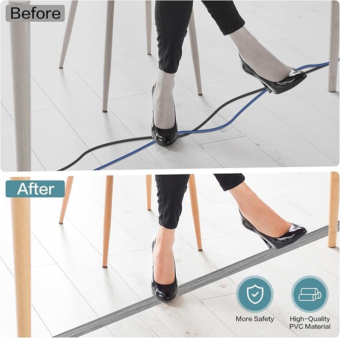 Floor Cord Cover Self Adhesive Cord Hider Floor Extension Cord Covers for Floor Power Cord Protector Cable Management Prevent Cable Trips Cable Cavity 0.51" W x 0.31" H (Light Grey Wood, 20Ft)