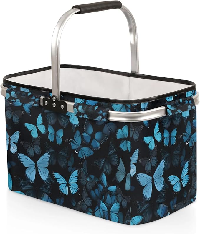 Collapsible Picnic Basket with Handle, Shopping Basket Aluminum Frame, Grocery Basket Tote for Women, Farmers Market Basket, Harvest Baskets Camping Travel Portable Beach Bag (Blue Butterfly)
