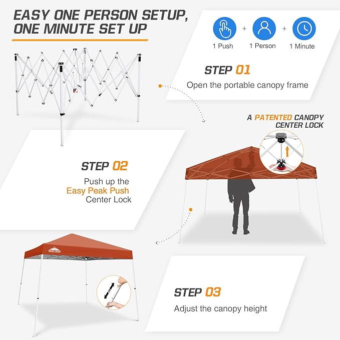 EAGLE PEAK 10x10 Slant Leg Pop-up Canopy Tent Easy One Person Setup Instant Outdoor Beach Canopy Folding Portable Sports Shelter 10x10 Base 8x8 Top (Brick Red)
