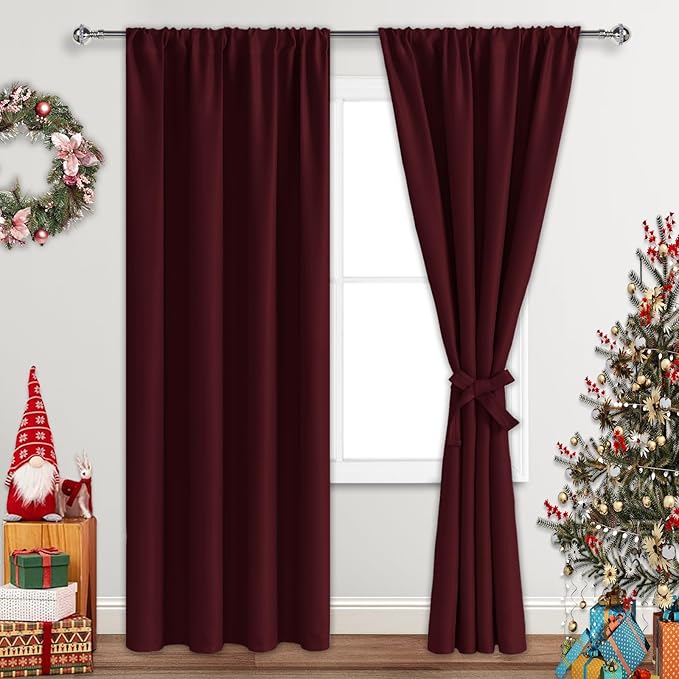 JIUZHEN Christmas Blackout Curtains for Bedroom - Thermal Insulated Room Darkening Rod Pocket Curtains for Living Room, Set of 2 Panels with Tiebacks, 42 x 96 Inch Length, Burgundy