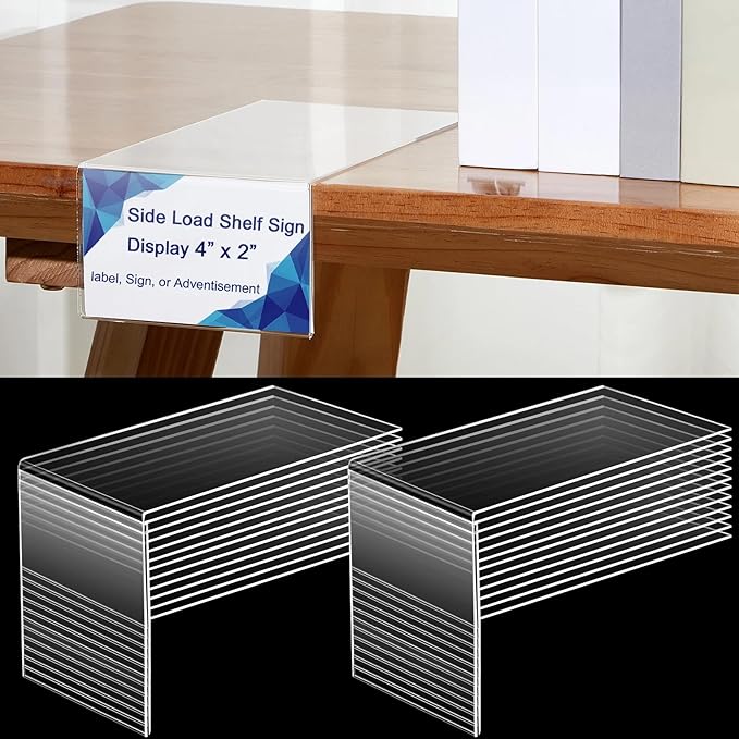 24 Pcs Acrylic Library Moveable Shelf Label Holders Bulk Talker 4" x 2" Clear Shelf Display Markers Retail Label Tags for Office Home Classroom Office Book Shelve