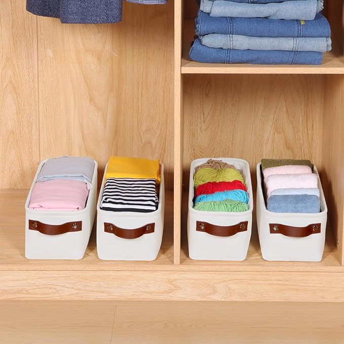 Kntiwiwo Small Fabric Storage Bins, 15x6x5 inch Narrow Storage Baskets 4-Pack Long Storage Basket for Organizing with Handles, Decorative Basket for Closets, Shelves, Toilet Paper, White