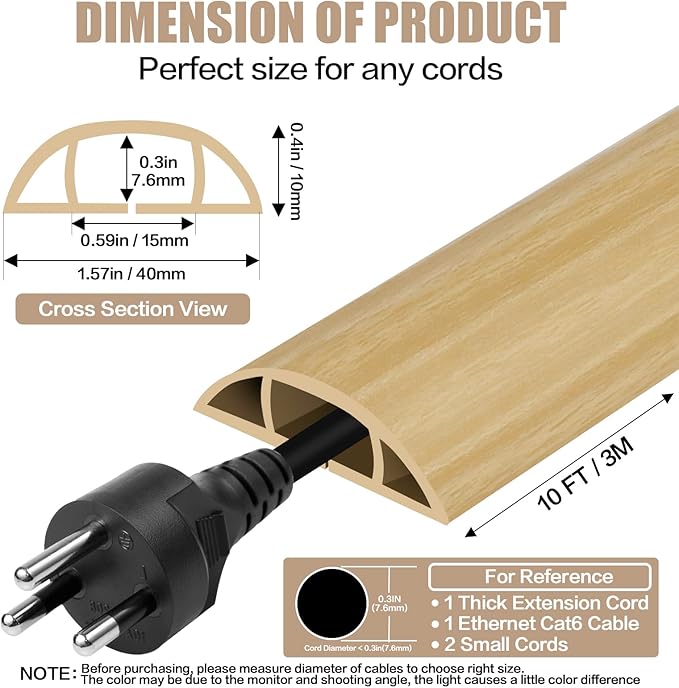 Floor Cord Cover Self Adhesive Cord Hider,10FT Cable Management, Extension Strip Protector for Wires, Prevent Cable Trips for Offices, Gyms, Exhibitions Cavity:0.51"(W) x 0.3"(H) WoodLightyellow