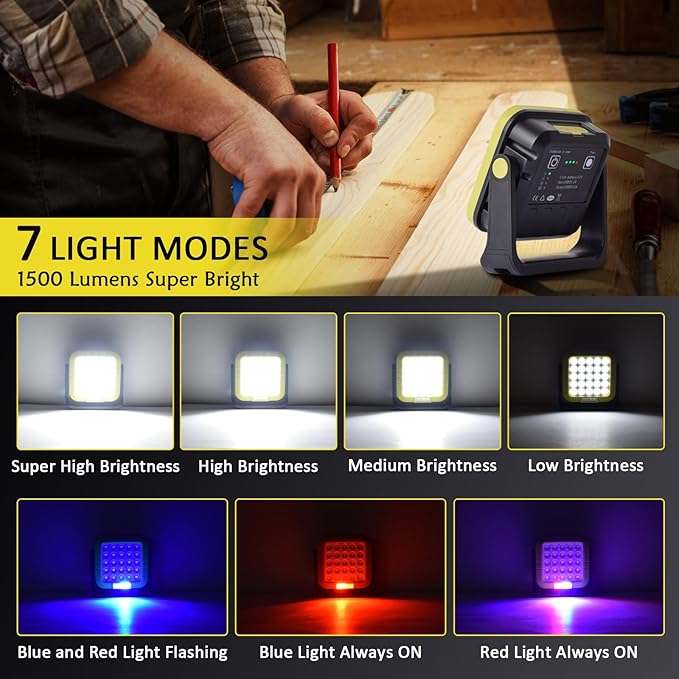 Masmejor 30W Rechargeable LED Work Light - 1500LM, IP44 Waterproof, Magnetic Base, 360° Rotating, 7 Modes for Auto Repair, Emergency, Garage, Camping & Outdoor