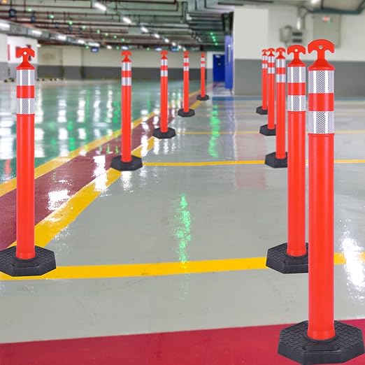 Traffic Delineator Post Cones with Heavy-Duty Octagonal Rubber Base, Channelizer Post Kit for Road Construction Work, Traffic Guidance, Garage Parking, Crowd Control (3, 42")