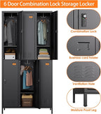 Aobabo Combination Lock Metal Storage Locker for Employees, 6 Doors Lockable Storage Locker with 18 Hooks for Office Gym School, Black, Assembly Required