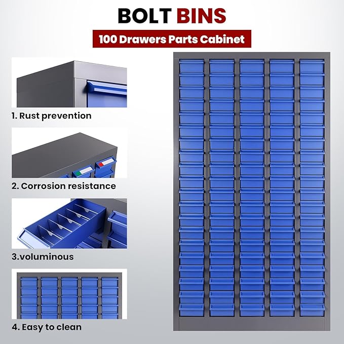 Nut and Bolt Storage Cabinet with ABS Drawer,Steel Small Parts Storage Organizer,46" H X 9" D X26 W Screw Organization for Garage Hardware,Nails,Fastener,Bolts,Nuts,and More (100 ABS Drawers)