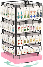 EsLuker.ly Rotating Earring Display Holder Stand for Vendors Events Selling, Large Capacity 64 Hooks Jewelry Rack with Wooden Base for Earring Card Sales, Enhances Retail Display Visibility(Pink)