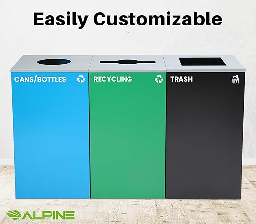 Alpine Industries 29 Gallon Commercial Indoor Recycle Bin, Modern Black Metal Container with Optional Lids