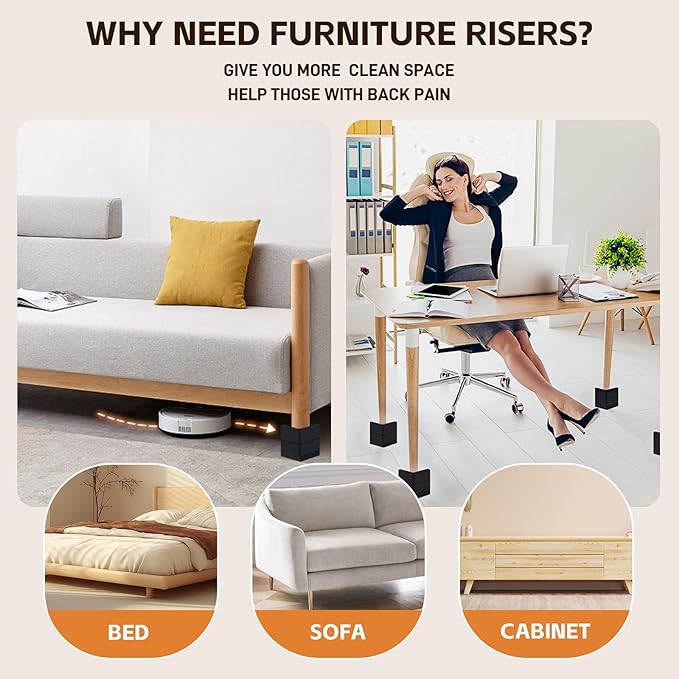Bed Risers, Furniture Raise Blocks, 3 inch Stilts Heavy Duty for Bed Couch Desk Sofa Table Lifts, Furniture Legs Lifters Support up to 1300 Lbs (Black, 8 Pack Set)