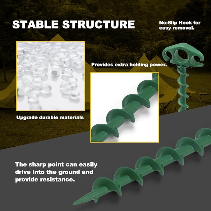 Tent Stakes Ground Anchors Screw in, 10 Pack Sand Stakes for Beach 9.4 Inch Heavy Duty Spiral Tent Pegs for Camping, Party, Hiking, Outdoor Decoration (10, Green)