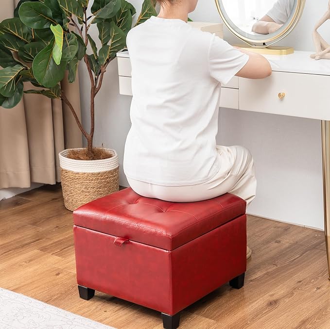 Asense 17 Inch Storage Ottoman Foot Rest,Square Faux Leather Foot Stool,Small Ottoman with Storage,Padded Seat for Entryway,Living Room,Bedroom,Couch,Under Desk,Red