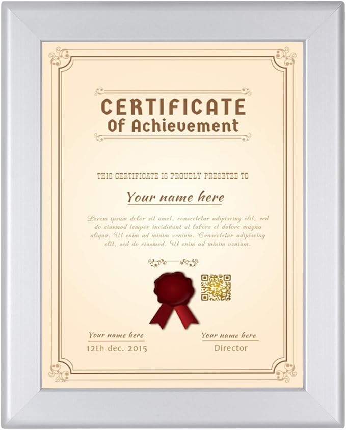 SnapeZo Certificate Frame 8.5x11, Silver, 1.25 Inch Aluminum Profile, Front-Loading Snap Frame, Wall Mounting, Professional Series