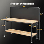 60" Work Bench Adjustable Height with Storage Shelf, Max Load 2000 LBS Heavy Duty Rubberwood Tabletop with Pegboard, LED Light, Built-in Power Strip for Woodworking Shop, Garage, Home