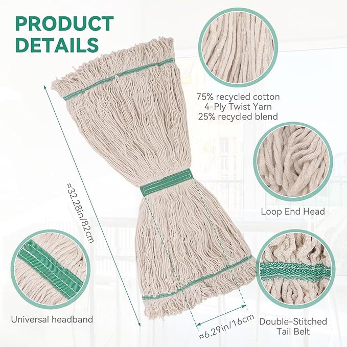Commercial Heavy Duty Mop Heads Replacement: 3 Packs 20oz Industrial Wet Mop Head for Floor Cleaning - Commercial Products Looped End String Head Refills