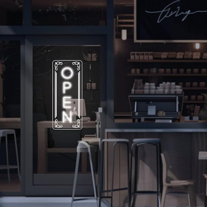 Vertical LED Open Signs for business – Super Bright - UV Printing Pattern, Remote Included - Large Size 10x24'' - Neon Open Sign for Café, Bar, Shop & Business Sign (White)