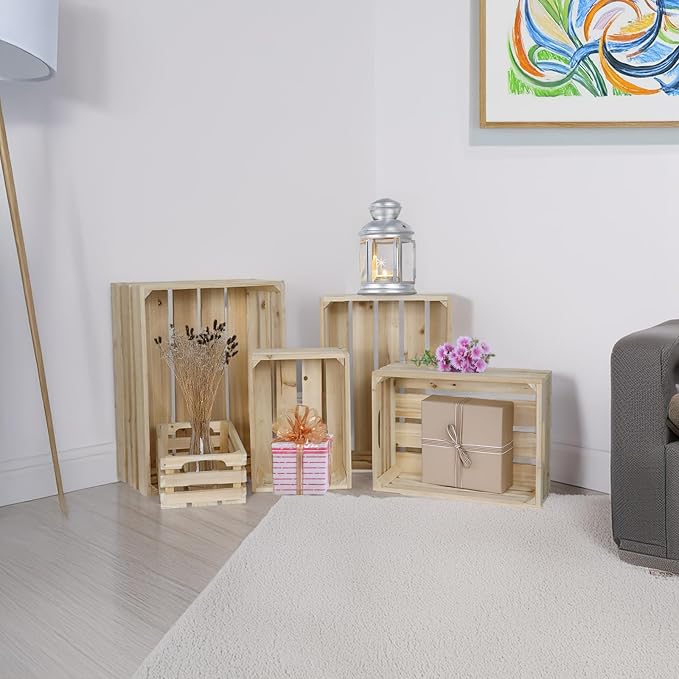 5-Piece Farmhouse Wooden Crate Set - Rustic Wooden Crates for Display and Storage, Large Natural Wood Decorative Crates, Farmhouse Apple Crates, Painted Wood Crates for Decor