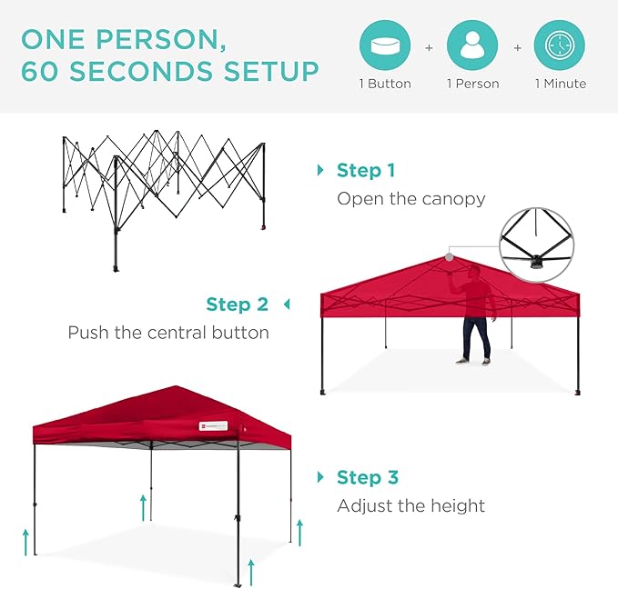 Best Choice Products 10x10ft 1-Person Setup Pop Up Canopy Tent Instant Portable Shelter w/ 1-Button Push, Case, 4 Weight Bags - Red