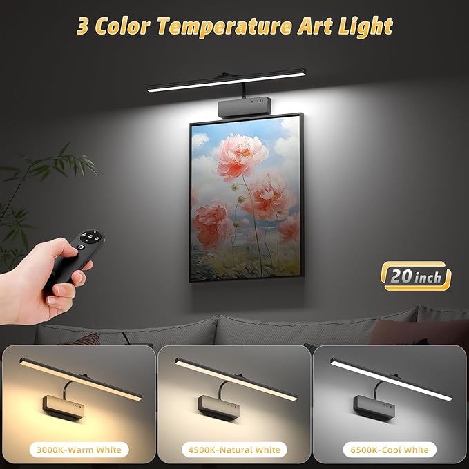 Lightbiz Picture Light, 20inch 6000mAh Rechargeable Picture Lights for Wall Battery Operated Wall Lights with Remote, 3 Colors Paintings Light Dimmable Art Light for Artwork, Gallery (Black)