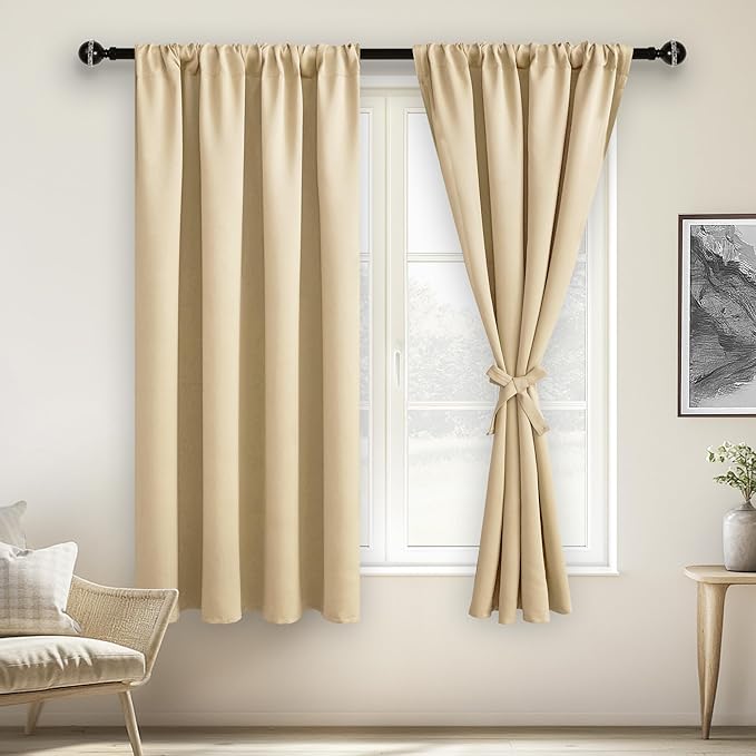JIUZHEN Blackout Curtains for Bedroom– Thermal Insulated,Noise Reducing Room Darkening Privacy Drapes for Living Room, Set of 2 Panels with Tiebacks, 38 x 63 inch Long, Light Beige