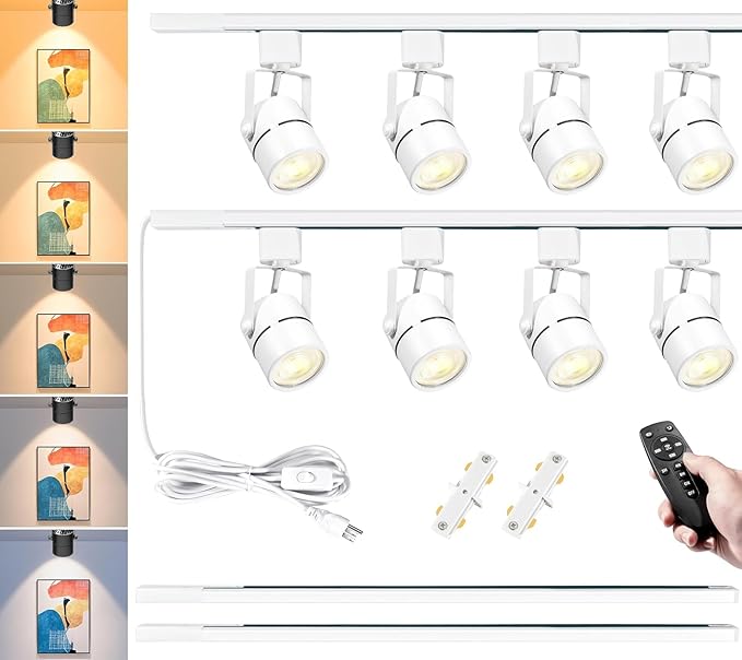 Plug in Track Lighting with Power Cord, 8-Light LED Track Lighting Kit with 6.6FT H Type Track Lighting Rails, Modern Kitchen LED Track Lighting Fixtures Ceiling Spot Light, White