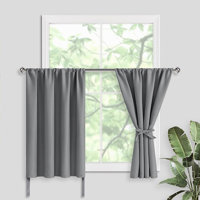 JIUZHEN Short Blackout Curtains for Small Window - Cafe Room Darkening Privacy Energy Saving Window Curtains Tiers for Bathroom,Kitchen, W 42 x L 30, Set of 2 Panels with Tiebacks, Light Grey