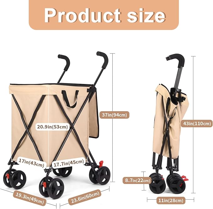 27 Gal/180 LBS Capacity Shopping Cart, Upgrade Huge Grocery Cart on Wheels,Heavy Duty Foldable Utility 360° Rolling Swivel Wheels for Shopping Picnic Groceries Laundry (Khaki)