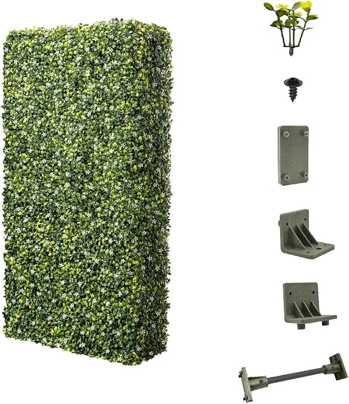 E&K 18" Wx54 Hx12 D Artificial Boxwood Hedge Wall with White Flowers, Artificial Outdoor Privacy Wall for Balcony Backyard Office, Indoor Divider Freestanding Greenery Backdrop