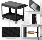 Heavy Duty Utility Rolling Tool Cart, 1000 lbs Capacity Flat Top Plastic Rolling Carts with 360°Swivel Wheels, 46 x 25 Inch Service Cart, 2 Shelf Work Cart for Warehouse,Garage, Cleaning, Black