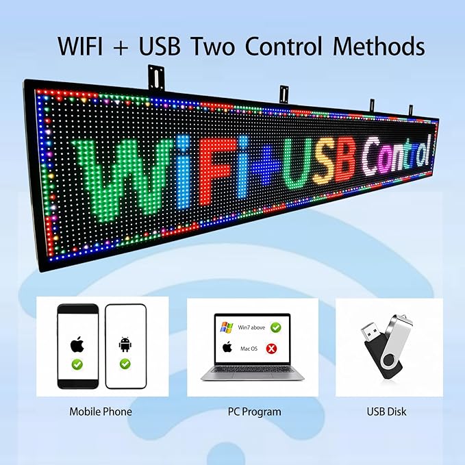 P10 LED Signs Programmable Outdoor 77"x14", IP65 Waterproof Scrolling LED Sign, Vibrant Colors Digital Led Signage Displays, Wifi + USB Control Open Signs for Business