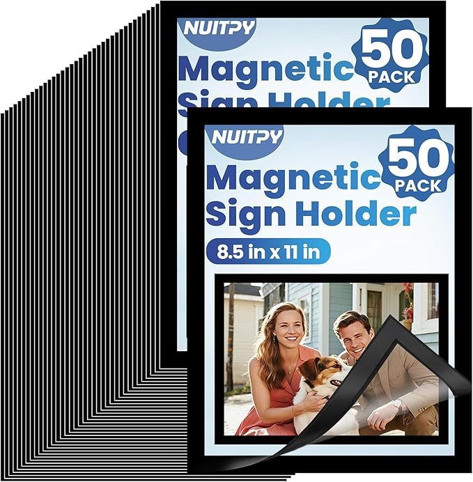 50 Pack Magnetic Sign Holder, 8.5in x 11in Self Adhesive Wall Mount Magnetic Document Holder, Magnetism Border Sign Holder with Transparent PVC Front Cover