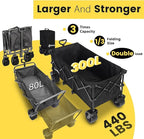 Sekey 48''L Collapsible Foldable Extended Wagon with 440lbs Weight Capacity, Heavy Duty 300L Folding Utility Garden Cart with Big All-Terrain Beach Wheels & Drink Holders. Black