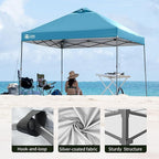 CROWN SHADES Adjustable Height on The Fly, 10x10 Pop Up Canopy - Beach Tent with One Push Setup - Easy Outdoor Sun Shade for Events, Parties, Camping - Outside Shade with STO-N-Go Bag, Cyan Blue