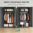 SISESOL Metal Wardrobe Cabinet with Hanging Rod,Black Armoire Wardrobe Closet,Metal Clothing Storage Cabinet with Adjustable Shelves and Doors,72" Cloth Storage Cabinets for Home,Living/Laundry Room