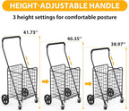 Grocery Shopping Cart with 360° Rolling Swivel Wheels Utility Cart Easily Collapsible Cart 66lb Extended Foam Cover, Trolley for Laundry,Groceries,Travel Black (Medium)
