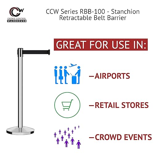 CCW Set of 2 Retractable Belt Barriers Stanchion, Polished Stainless Steel Post, RBB-100 (9 Foot Belt, Green and White Diagonal Belt)