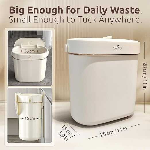 COZYTO EcoToss Exo Wall-Mounted Trash Can – White Pearl, Dual-Lid Slim Bin with No-Drill Mounting, Odor-Control Lid for Kitchen, Bathroom, RV, Small Spaces, 9.4L