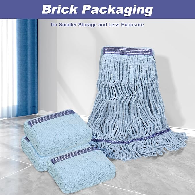 Commercial Heavy Duty Mop Heads Replacements: Wet Industrial Blue Cotton Looped End String Head Refill for General Floor Cleaning (6 Pack)