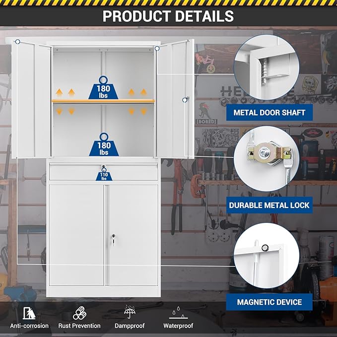 71" Metal Cabinet-White Heavy Duty Storage File Cabinet Steel Tool Cabinets with Shelves, Lockable Doors and Drawers- for Garage, Pantry, Warehouse - Assembly Required