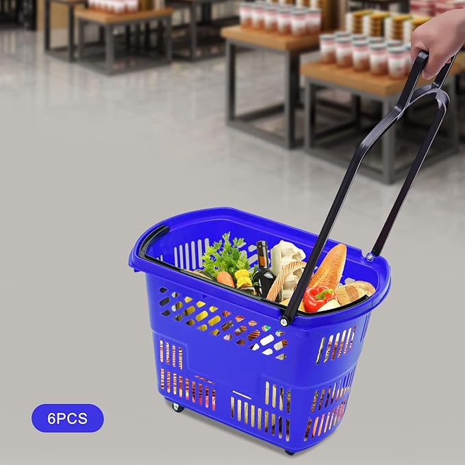 35L 6PCS Shopping Carts with Wheels and Handle, Plastic Rolling Basket, Portable Shopping Baskets Set for Supermarkets and Retail Stores
