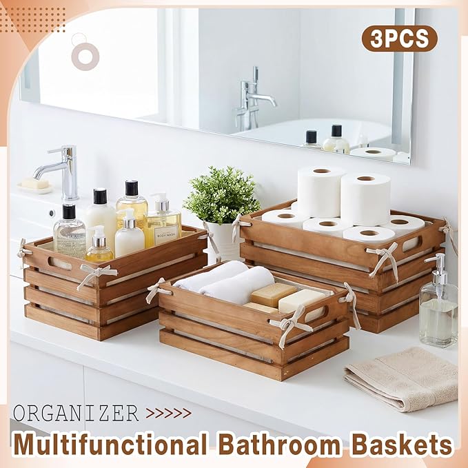 3 Pack Wooden Crates with Liner, Multiple Sizes Wood Crates Decorative Storage Baskets Rustic & Farmhouse Decor for Display Home Pantry Bathroom Cabinets Kitchen Laundry Room Organizing