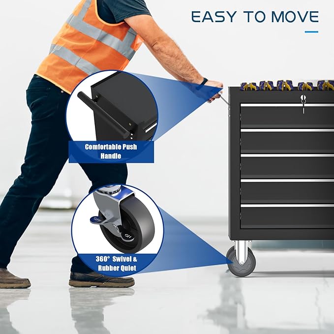 5-Drawers Garage Tool Chest, Large Capacity Tool Cabinet Heavy Duty Mechanic Rolling Tool Box Metal Locking Tool Cart with Drawers and Wheels for Storage