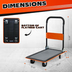 Orange Folding Platform Hand Truck 330 lbs Capacity, Heavy Duty Steel Flatbed Dolly with 360° Silent Wheels, Foldable Push Cart for Warehouse, Home, and Office Use